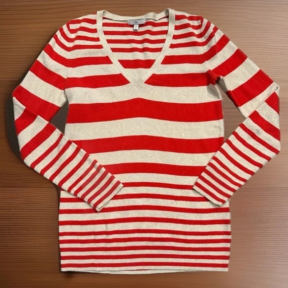 GAP Women's Sweater Cotton Silk V-Neck Size M Red Stripe Preppy Nautical French - Picture 1 of 9